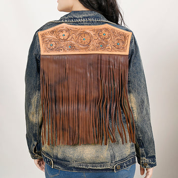 ADJKT025 Genuine leather Hand tooled hand carved Women 100% cotton Denim jacket dress ladies girl